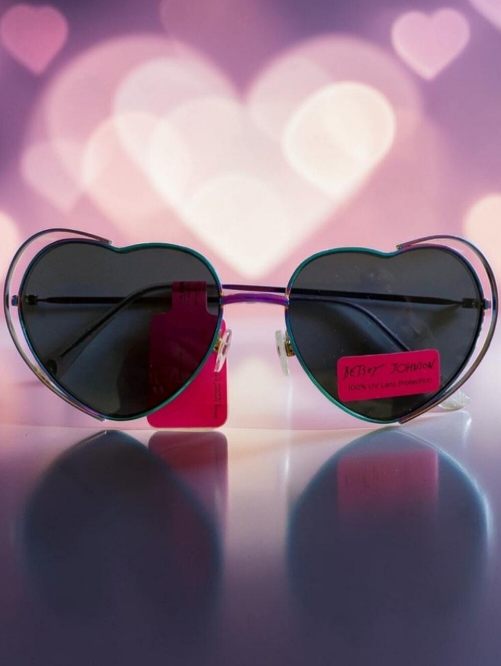 Betsey Johnson Heart-Shaped Mirrored Sunglasses - Iridescent Purple Frame New